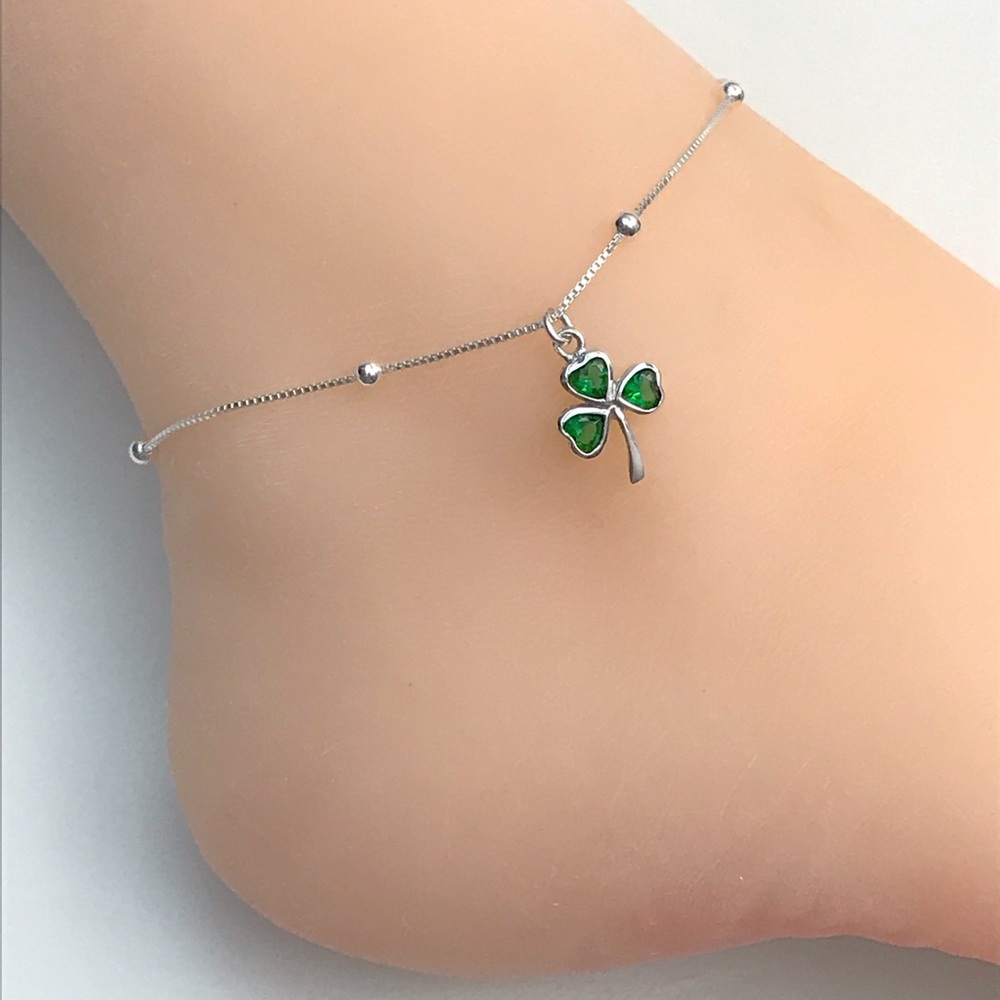 Sterling Silver Emerald Shamrock Anklet